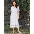 Women's White Dress Plain Dress Plain Lace Patchwork V Neck Midi Dress Elegant Classic Daily Vacation Short Sleeve Summer Spring