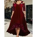 Women's Plus Size Red Christmas Party Dress Curve Party Dress Wine Red Velvet Dress Sequin Dress Plain Long Dress Maxi Dress Half Sleeve Cut Out Dress