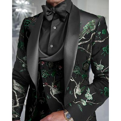 Men's Wedding Tuxedos Party Blackbeige Navy Blue Jacquard Slim Fit 3 Piece Single Breasted One-button