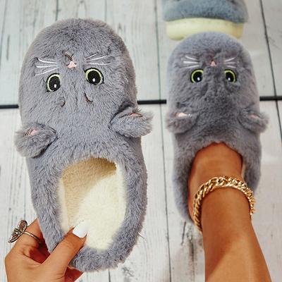 Women's Plush Cat Face Slippers - Cozy Indoor Furry Slippers with Cute Ears and Embroidery for Winter Home Wear