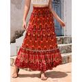 Women's Skirt Swing Bohemia Maxi High Waist Skirts Pleated Print Color Block Floral Vacation Going out Summer Cotton Polyester Vintage Retro Vintage Ethnic Casual Red Navy Blue Royal Blue