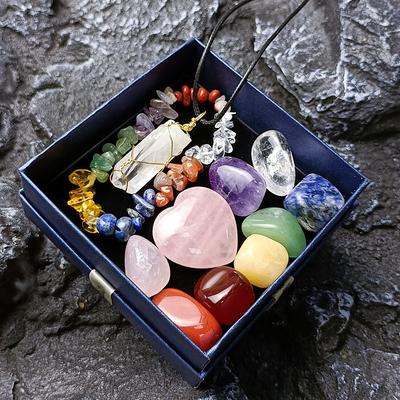 Healing Crystals,Natural Crystal Jade Seven Colored Stone Combination Set Pink Crystal Love Hexagonal Column Pendant With Multi Color Matching Gift BoxHealing Stone