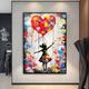 Girl with heart balloon Canvas Art Hand-painted Colorful Figures Painting Banksy Style Graffiti Canvas Wall Art Canvas for Home Wall Decor No Frame