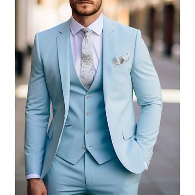 Sky Blue Men's Wedding Suits Solid Colored 3 Piece Daily Business Single Breasted Two-buttons 2024