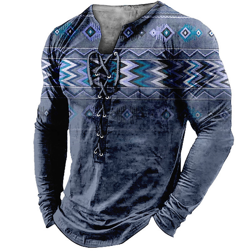 Mens Graphic Shirt Tee Collar Green Blue Coffee Gray 3D Print Outdoor Street Long Sleeve Lace Up Clothing Apparel Boho Designer Casual Native American Cotton