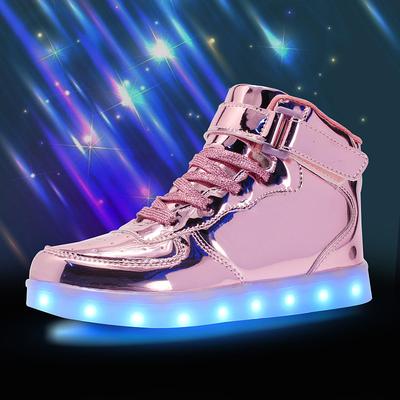 Gold LED Light-Up High-Top Sneakers for Kids and Men with Colorful Sole, Adjustable Strap, and Shiny Finish