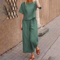 Women's Loungewear 2 Piece Linen Sets Solid Color Crew Neck Lounge Set Short Tops with Long Pants Spring Summer