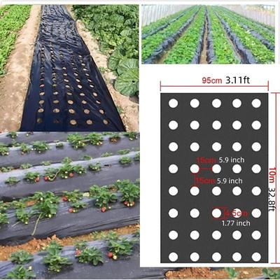 Plastic Film With Planting Holes, Garden Weed Control Barrier Film Mulching Breathable Gardening Farming Landscape Sheeting For Moisture Temperature Maintaining