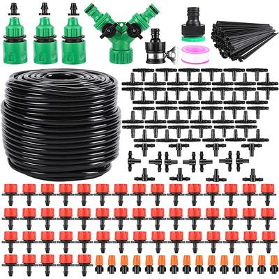 Garden Irrigation System 164FT 200 Pack Drip Irrigation Kit 1/4 Blank Distribution Tubing Watering Drip Kit Automatic Irrigation Equipment for Garden Greenhouse, Flower Bed,Patio,Lawn