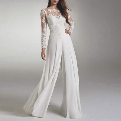Hall Simple Wedding Dresses Jumpsuits Illusion Neck Long Sleeve Floor Length Chiffon Bridal Gowns With Appliques 2024