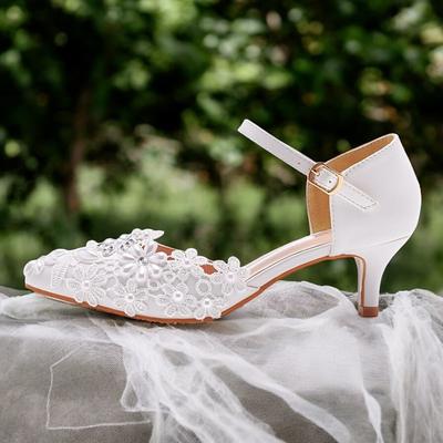 Women's White Lace Floral Embroidered Kitten Heel Shoes with Ankle Strap – Elegant Bridal Wedding Shoes