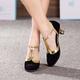 Women's Ballroom Dance Shoes Modern Dance Shoes Line Dance Outdoor Suede Shoes Heel Splicing Cuban Heel Buckle T-Strap Black and Gold Brown Royal Blue