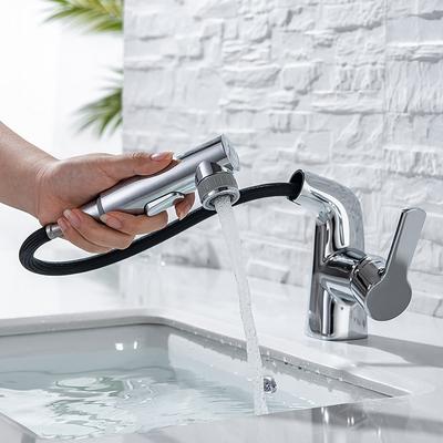 Pull Out Bathroom Sink Mixer Faucet, 360 swivel Pull Down Sprayer Basin Tap Brass, 2 Water Flow Modes with Rotating Spout, Single Handle Washroom Water Tap with Cold Hot Hose