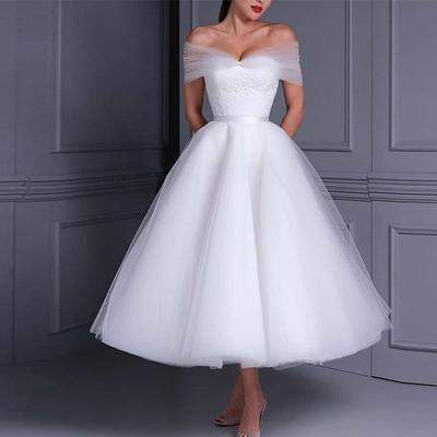 TS Reception Little White Dresses Wedding Dresses Ball Gown Off Shoulder Cap Sleeve Tea Length Lace Bridal Gowns With Pleats Appliques 2025