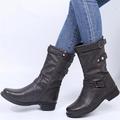 Women's Boots Motorcycle Boots Plus Size Work Boots Outdoor Daily Solid Color Mid Calf Boots Winter Buckle Flat Heel Round Toe Vintage Fashion Minimalism Faux Leather Zipper Dark Grey Black Red