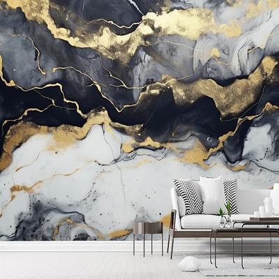 Cool Wallpapers Abstract Marble Wallpaper Wall Mural Black Glod Wall Covering Sticker Peel Stick Removable PVC/Vinyl Self Adhesive/Adhesive Required Wall Decor for Living Room Kitchen Bathroom