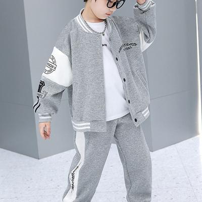 2 Pieces Kids Boys Tracksuits Outfit Letter Stripe Long Sleeve Button Set Daily Spring Fall 7-13 Years Black Gray
