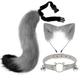 Cat Ears and Wolf Fox Animal Tail Cosplay Costume Faux Fur Hair Clip Headdress Halloween Leather Neck Chocker Set