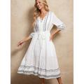 Women's White Dress Casual Dress Check Tie Front Embroidered V Neck Long Dress Maxi Dress Elegant Maxi Wedding Valentine's Day 3/4 Length Sleeve Regular Fit White Summer Spring S M L XL XXL