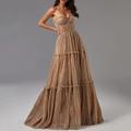 A-Line Evening Gown Glittering Dress Formal Wedding Guest Floor Length Sleeveless Strapless Tulle with Pleats 2024