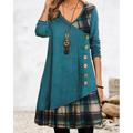 Women's Casual Dress T Shirt Dress Tee Dress Tartan Dress Mini Dress Dark Green 3/4 Length Sleeve Plaid Ruched Winter Fall Spring V Neck Modern Weekend 2023 S M L XL 2XL 3XL