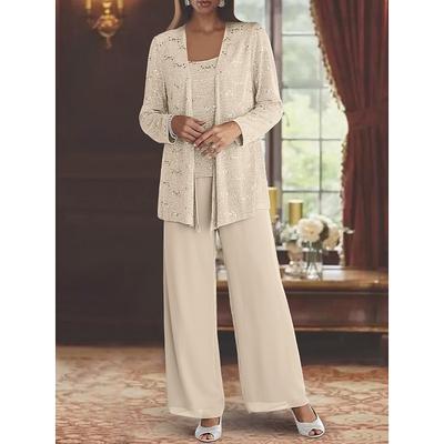 Jumpsuit / Pantsuit 3 Piece Beach Wedding Mother of the Bride Wedding Guest Elegant Scoop Neck Floor Length Chiffon Lace Sleeveless Wrap Included with Sequin 2025