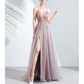 pink dress bride wedding toast dress dinner annual meeting sling light yarn catwalk high slit wedding evening dress