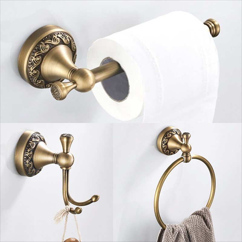 Golden Brushed Brass Towel Holder Bathroom Accessory Towel Ring/Toilet Paper Holder/Robe Hook Antique Brass Bathroom Single Rod Wall Mounted Carved Design