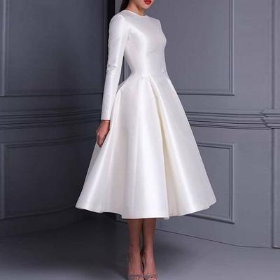 TS Ball Gown Cocktail Dresses Cute Dress Wedding Tea Length Long Sleeve Jewel Neck Fall Wedding Guest Satin with Pleats Pure Color 2025