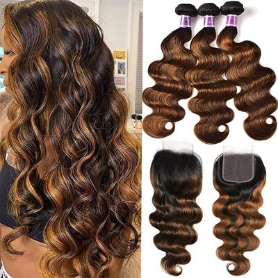 Brown Highlight Body Wave Human Hair 3 Bundles with 4x4 lace closure Brazilian Remy Hair Ombre Human Hair Wavy Weaves FB30 Color 14 16 1814 Closure