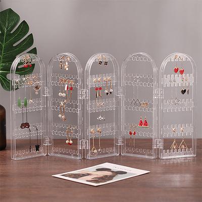 Plastic Clear Earrings Studs Display Rack Folding Screen Earring Jewelry Display Stand Holder Storage Box Gift For Women