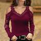 Women's T shirt Tee Going Out Tops BurgundyTee Plain Casual Weekend Black Wine Blue Lace Cut Out Long Sleeve Basic Off Shoulder V Neck Regular Fit Fall Winter