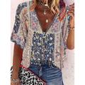 Women's Shirt Blouse Tunic Pink Floral Bohemian Zipper Flowing tunic Half Sleeve Daily Holiday Boho Streetwear Casual V Neck Regular Floral Boho S