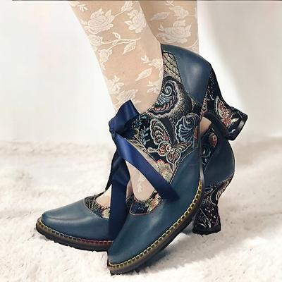 Women's Vintage Floral Lace-Up Heels – Elegant Green Gold Victorian-Style Shoes for Special Occasions