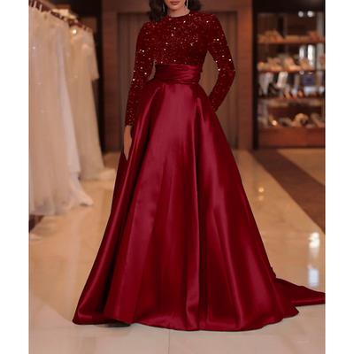 TS A-Line Sequin Evening Gown Elegant Dress Formal Cocktail Party Court Train Long Sleeve High Neck Fall Wedding Guest 2025