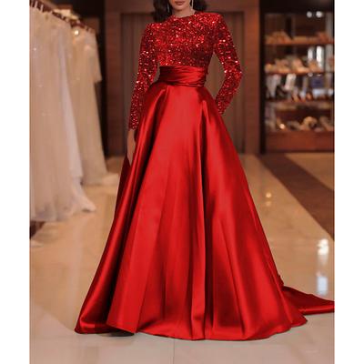A-Line Sequin Evening Gown Elegant Dress Formal Cocktail Party Court Train Long Sleeve High Neck Fall Wedding Guest 2025