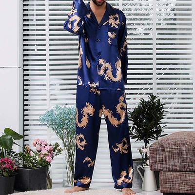 Men's Sleepwear Silk Pajama 2 Pieces Dragon Simple Comfort Home Daily Polyester Breathable Lapel Long Sleeve Pant Pocket Summer Spring Black Red