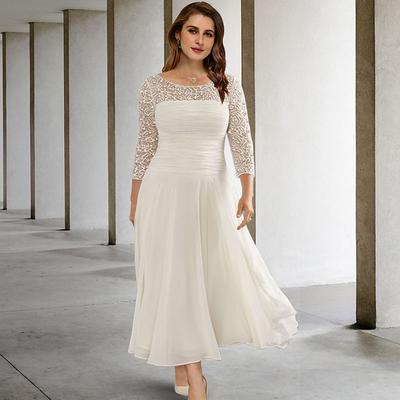 A-Line Plus Size Curve Mother of the Bride Dresses Elegant Dress Formal Wedding Guest Tea Length 3/4 Length Sleeve Jewel Neck Chiffon with Ruched Beading Sequin 2024