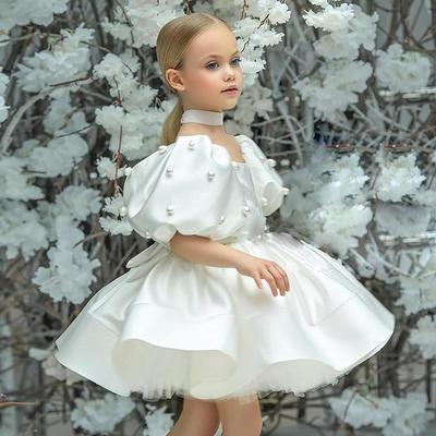 Kids Girls' Flower Girl Dress Dress Solid Colored Short Sleeve Wedding Party Ruched Mesh Puff Sleeve Cute Sweet Polyester Above Knee A Line Dress Tulle Dress Flower Girl's Dress Summer Spring 3-12