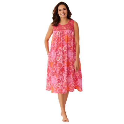 Plus Size Women's Crochet Gauze Sleeveless Lounger by Only Necessities in Pink Burst Tapestry Floral (Size 2X)