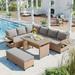 5-Piece Outdoor Patio Rattan Sofa Set, Sectional PE Wicker L-Shaped Furniture Set w/ 2 Extendable Side Tables & Washable Covers