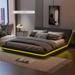 Full/Queen Size Upholstered Bed Frame with Sloped Headboard, Low Profile Bed PU Leather Platform Bed with LED Light Strips