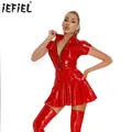 Robe en Latex pour Femme Col Montant Fermeture Éclair Tambours Serrés Mini Robe Manches sulf