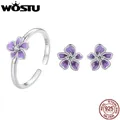 WOSTU-Boucles d'oreilles fleur violette mystique en argent regardé 925 véritable pour femme bague