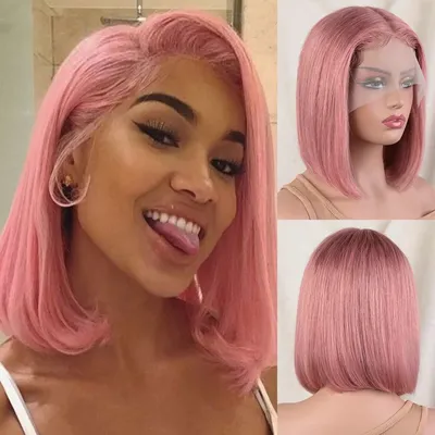 Perruque Bob Lace Front Brésilienne Naturelle Cheveux Courts Lisses Rose Blond Ombré