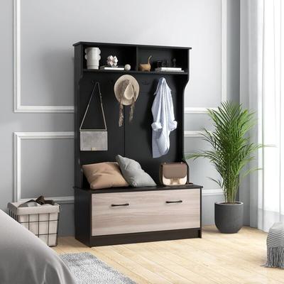 Goplus - Garderobenständer mit Sitzfläche, Kleiderständer mit Ablage, 5 Haken, Garderobenschrank, Image