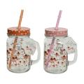 Decoris 1 Trinkbecher mit Deckel und Strohhalm 13cm Glasbecher mit Henkel 450ml Glas Trinkglas Blumen Muster Henkelglas Vintage Becher Wasserglas Orange Rosa