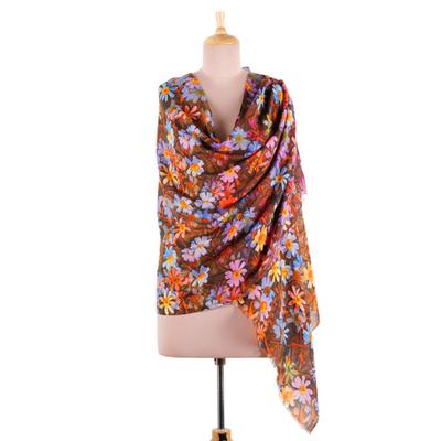 Kashmir Flora,'Floral Printed Wool and Silk Blend Shawl in Brown Base Hue'