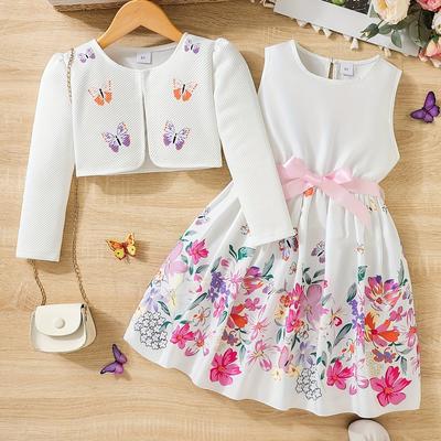 TEMU 2pcs Little Girl Butterfly Dresses Outfit: Floral Tank Dress And Graphic Cardigan Top Set, For Cute And Casual Look, Kids Clothing Gift