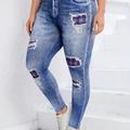 Plus Size Denim Print Ripped Contrast Plaid High Waist Leggings, Women's Plus Casual High Stretch Leggings